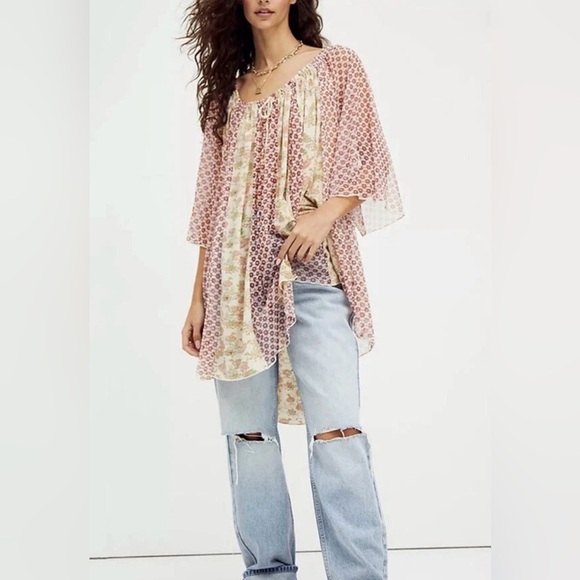 Free People Because I love You Tunic Sheer Floral Boho Oversize Size Large - Picture 3 of 10